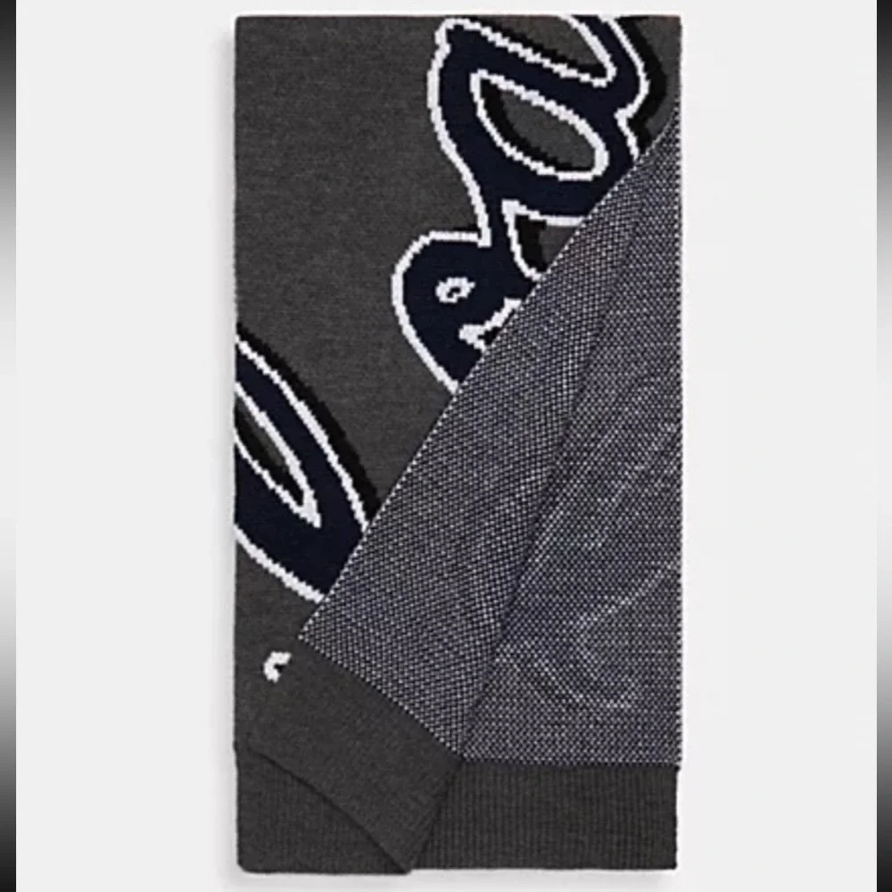 Coach Script Print Knit Muffler Gray‎ & Red Scarf NWT Unisex